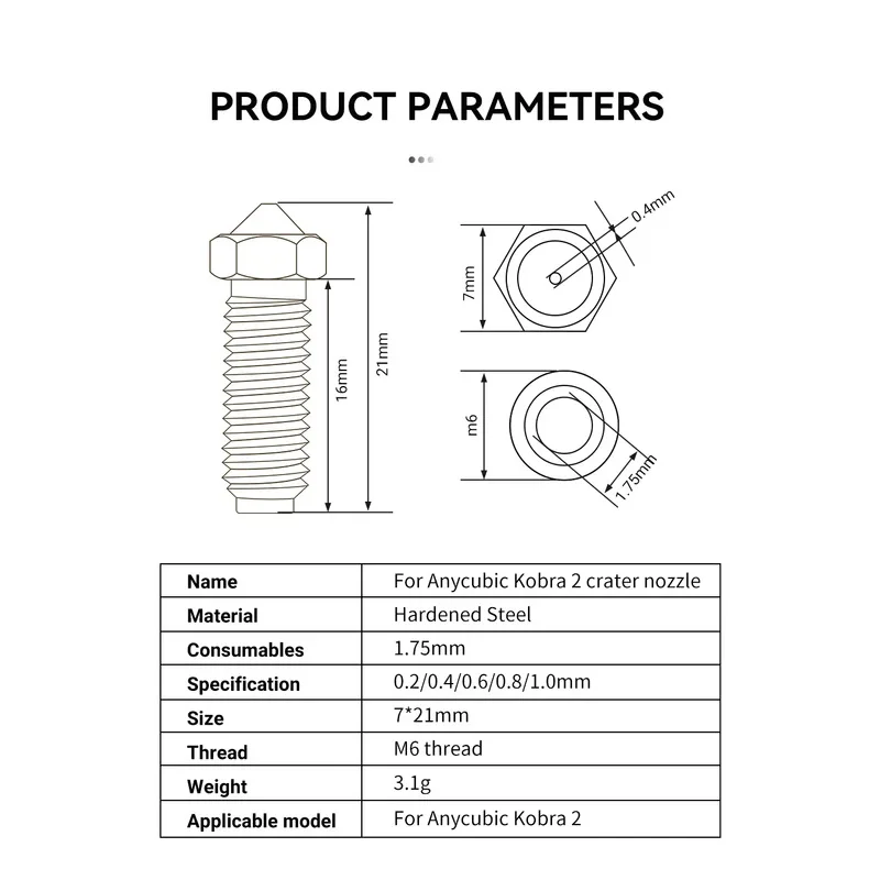 1/2/3pcs Volcano Brass Nozzles For Anycubic Kobra 2 Neo Nozzle 0.2 0.4 0.6 0.8mm Hardened Steel Nozzle For Kobra 2 Pro/Plus/Max