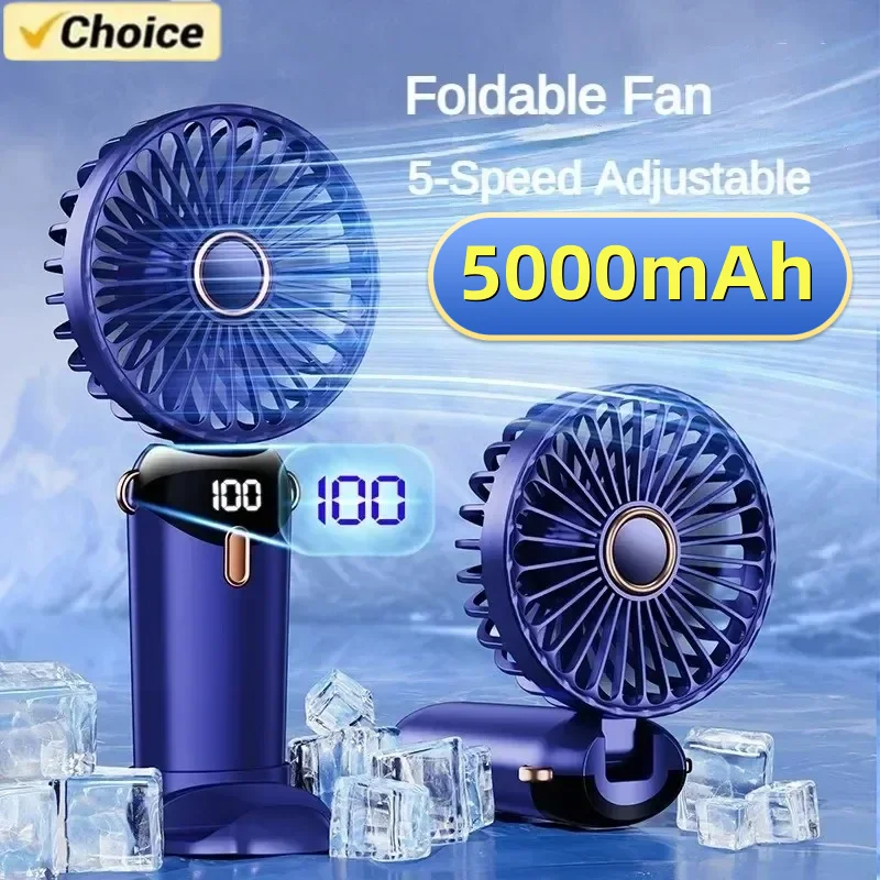 5000mAh Handheld Mini Fan Foldable Portable Neck Hanging Fans 5 Speed USB Rechargeable Fan with Phone Stand and Display Screen