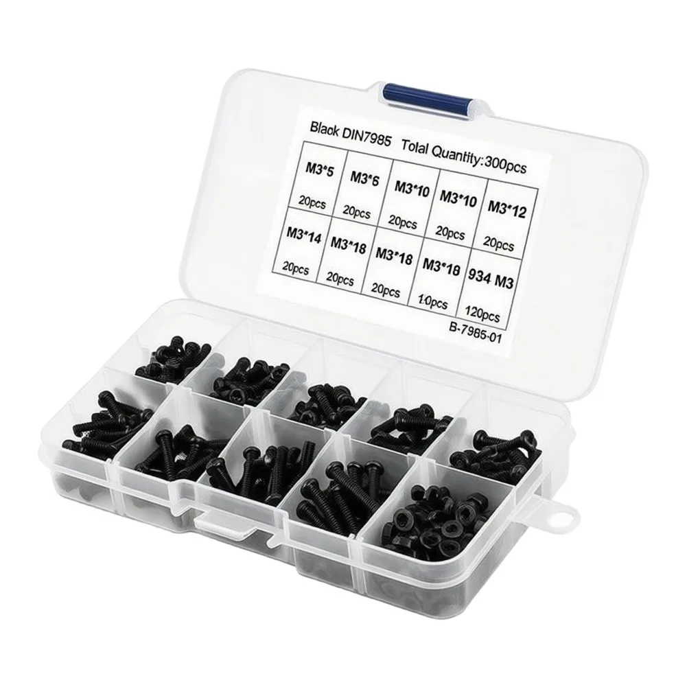 300Pcs Carbon Steel Pan Head Machine Screws Hex Nuts Assortment Kit Metric Fastener Set DIY Furniture Machinery Repair Hardware