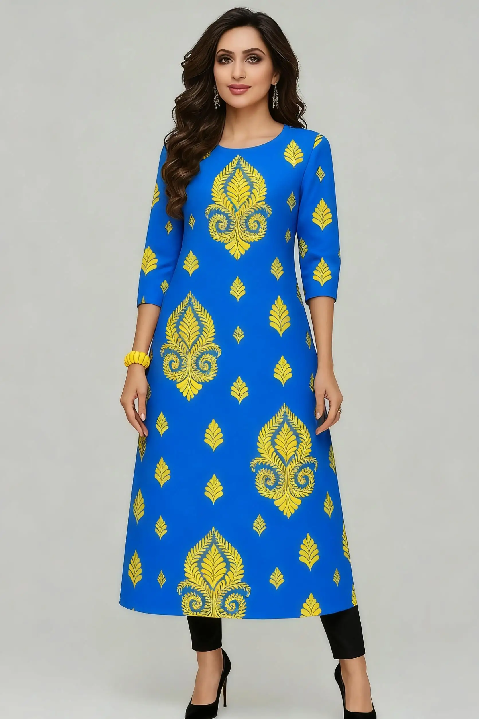 Muslim Dress Kurtta Women Fashionable Elegant National Style Straight Turkish Abaya Slit hem Colorful Elephant 2026 Pattern