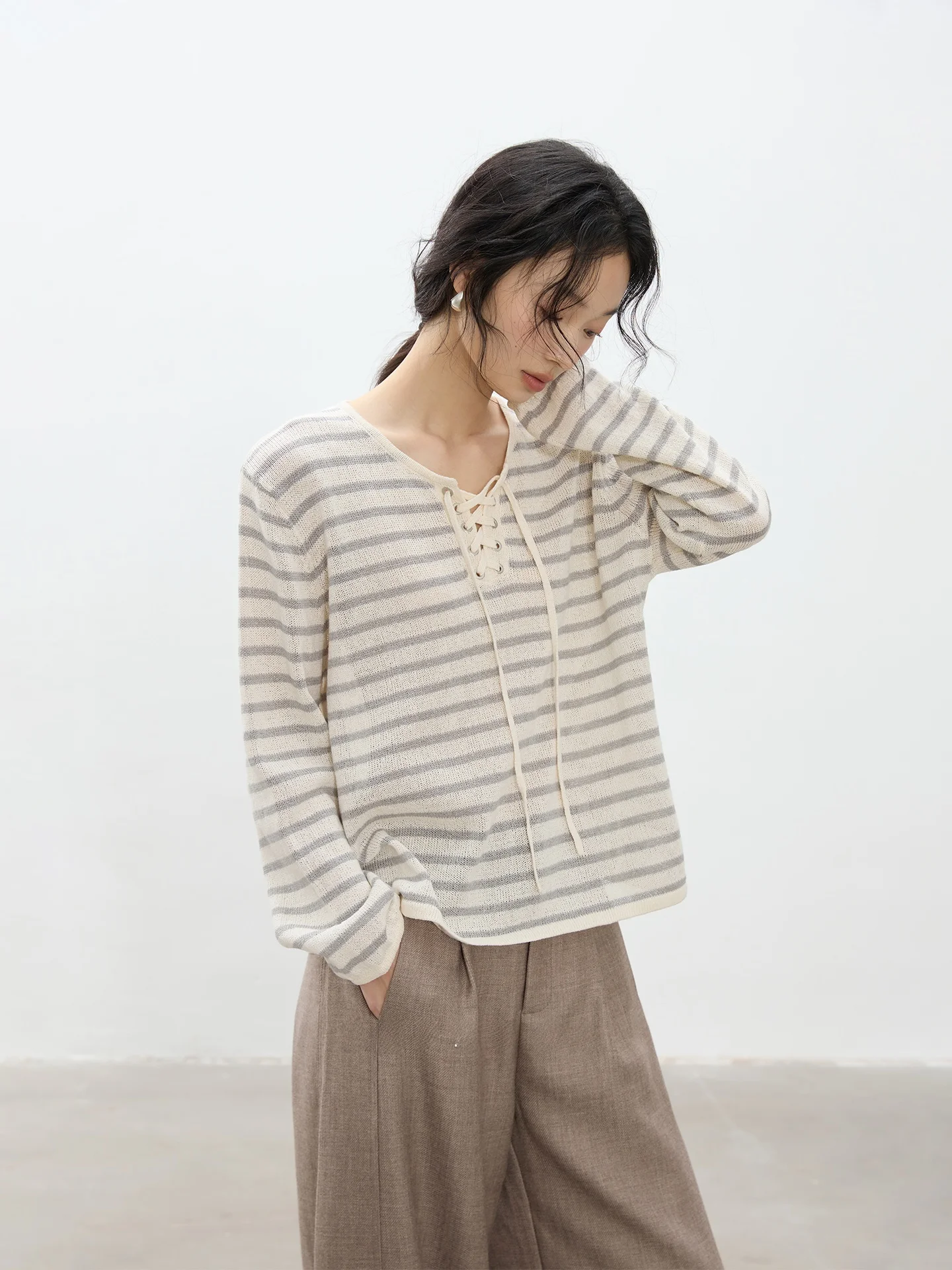 

Новая женская полосатая трикотажная кофта с поясом, свободного кроя, из тонкого полиэстера, в повседневном стиле, для весны, лета и осени