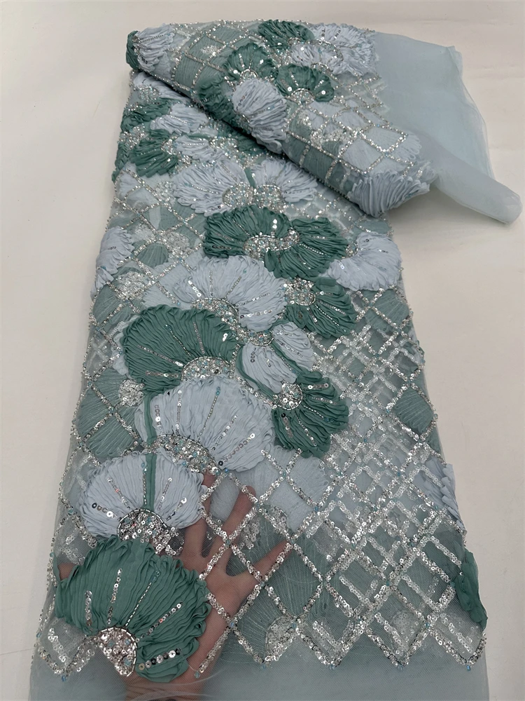 

African Sequins Beaded Lace Fabric 2025 High Quality Sequence Embroidery French Nigerian Lace Fabric For Wedding Dress Material