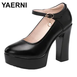 High quality leather shoe for women 7cm medium heel platform round toe 32 33 42 43 elegant fashion shoe black red silver white
