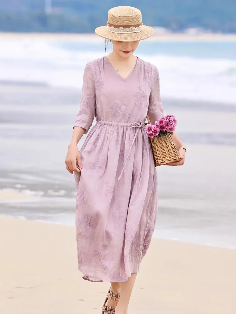 

Элегантное женское длинное платье из чистого конопляного хлопка с вышивкой, V-образным вырезом, поясом на талии, стройнящее, с завышенной талией, А-силуэт, юбка миди