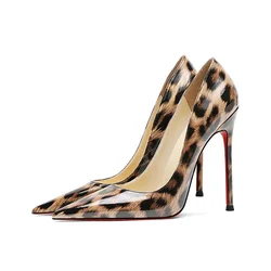 2024 New  High Heels Women's Thin Heels Shallow Mouth French Sexy Leopard Print Mesh Red Single Shoes 12CM Large