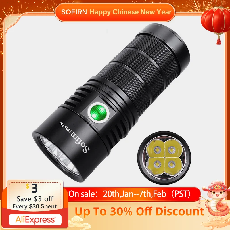 Sofirn SP36 Pro Anduril 4*SST40 Powerful 8000LM LED Flashlight USB-C Rechargeable 18650 Torch Super Bright Lantern