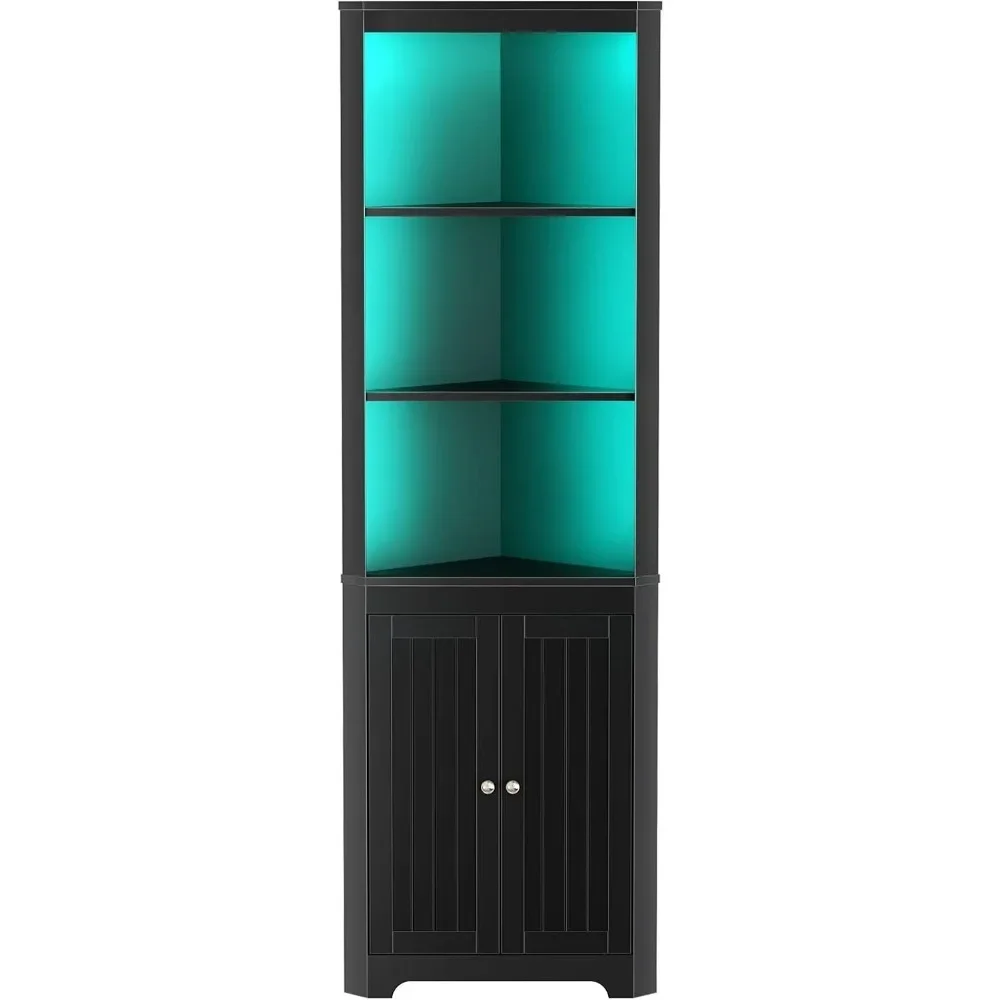 

Corner Shelf with LED Light, Black 5-Tier Storage Cabinet with Doors, Tall Corner Bookshelf Stand for Living Room, Kitchen, Bar