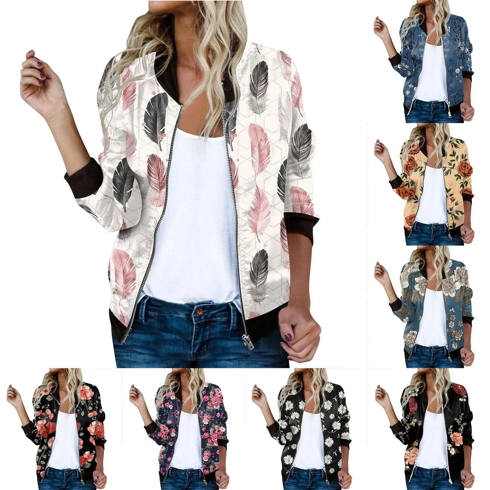 

Bomber Jackets Womens Daily Lightweight Zip Up Casual Jacket Retro Flower Print Short Sports Jacket For Women Female Biker Coat