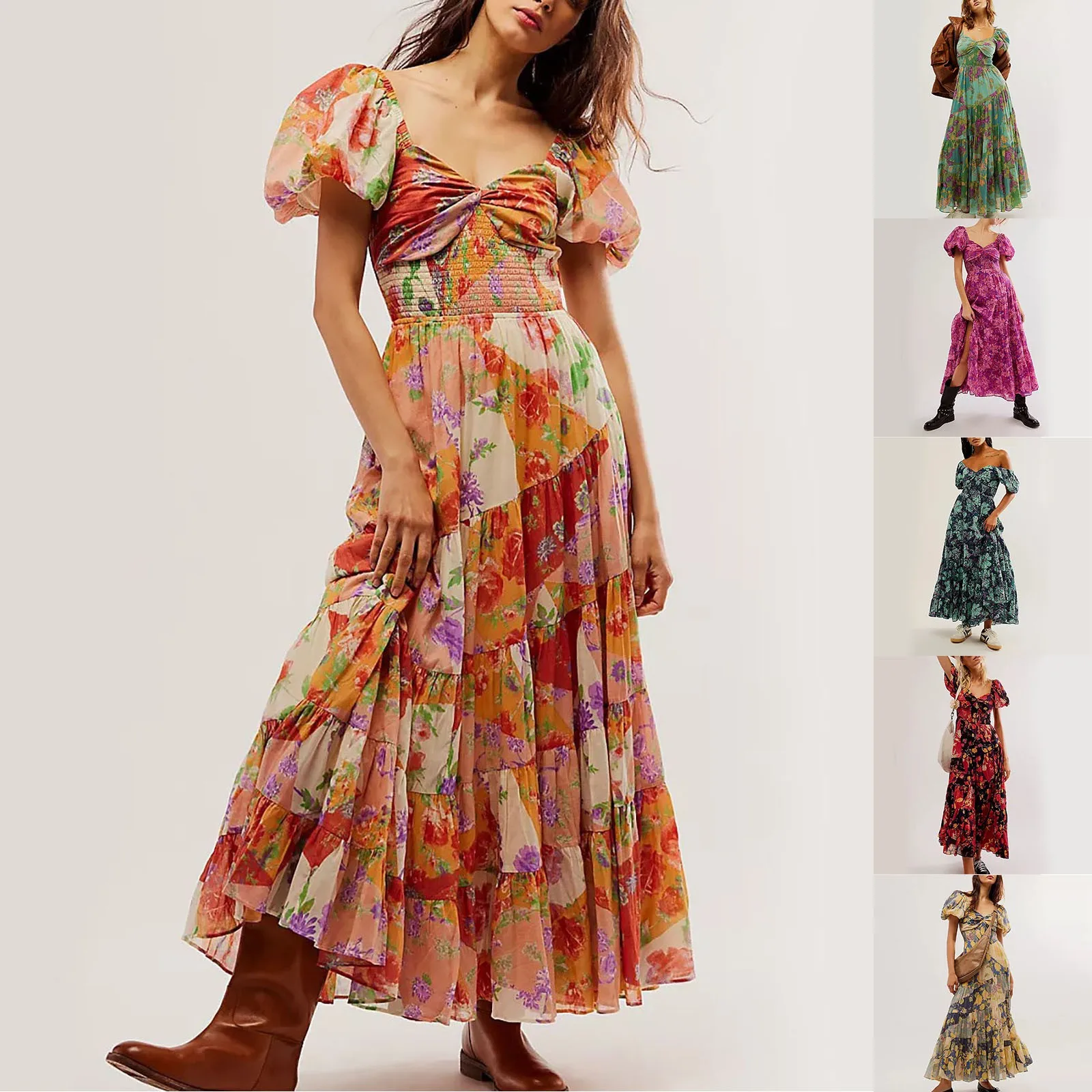 

Elegant Floral Printed Dresses Summer New Sexy Backless Slash Neck Elastic Dress Women High Waist Short Puff Sleeve Maxi Dress