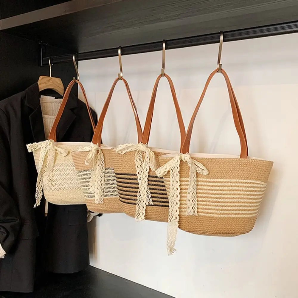 

Сплошная цветная милая тканая большая сумка с кружевной лентой, дышащая соломенная сумка в полоску, легкая летняя пляжная сумка большой вместимости, женская