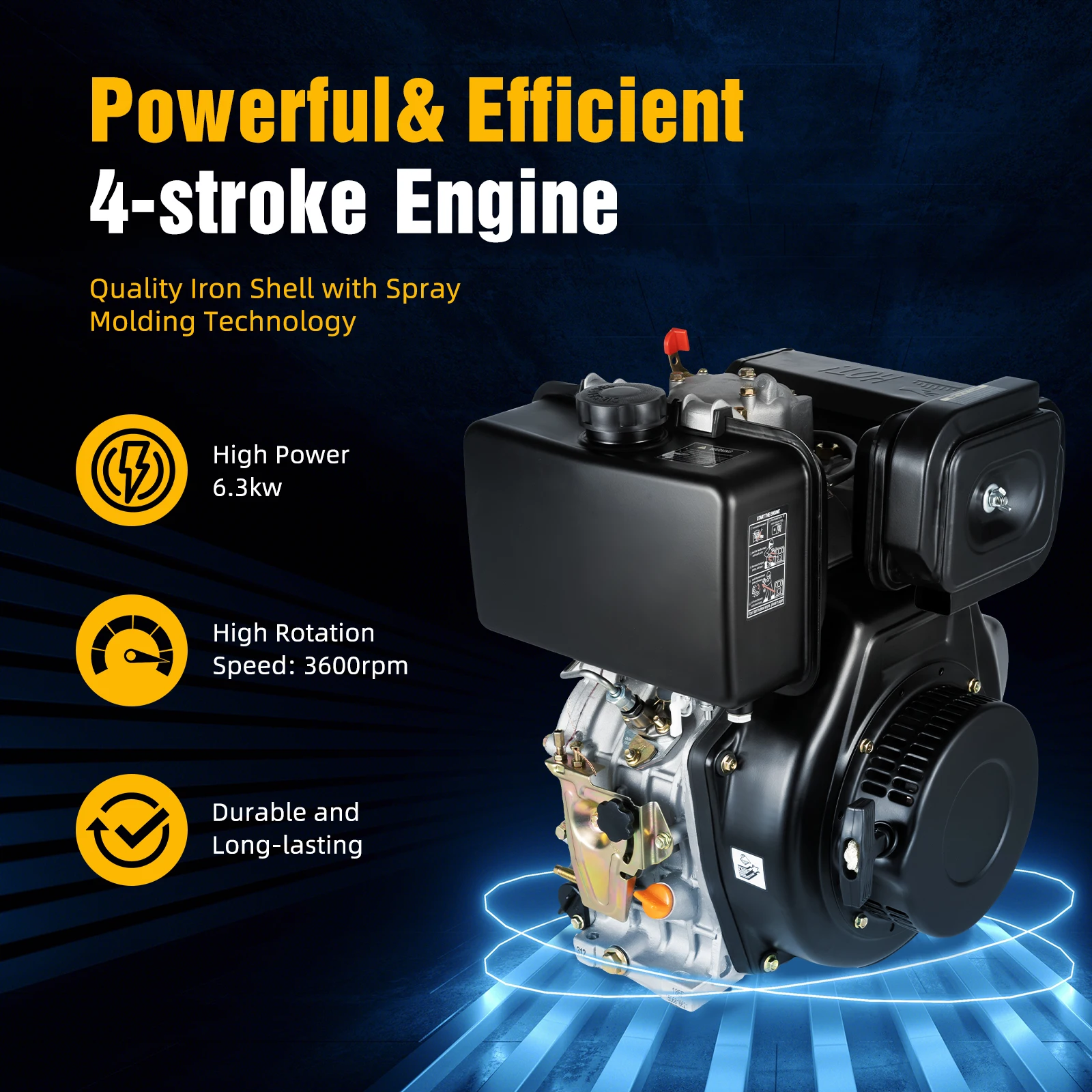 4-Stroke 10HP OHV Industrial Diesel Engine, 418CC 186FA  Air Cooling Single-Cylinder with Recoil Start EPA Certified