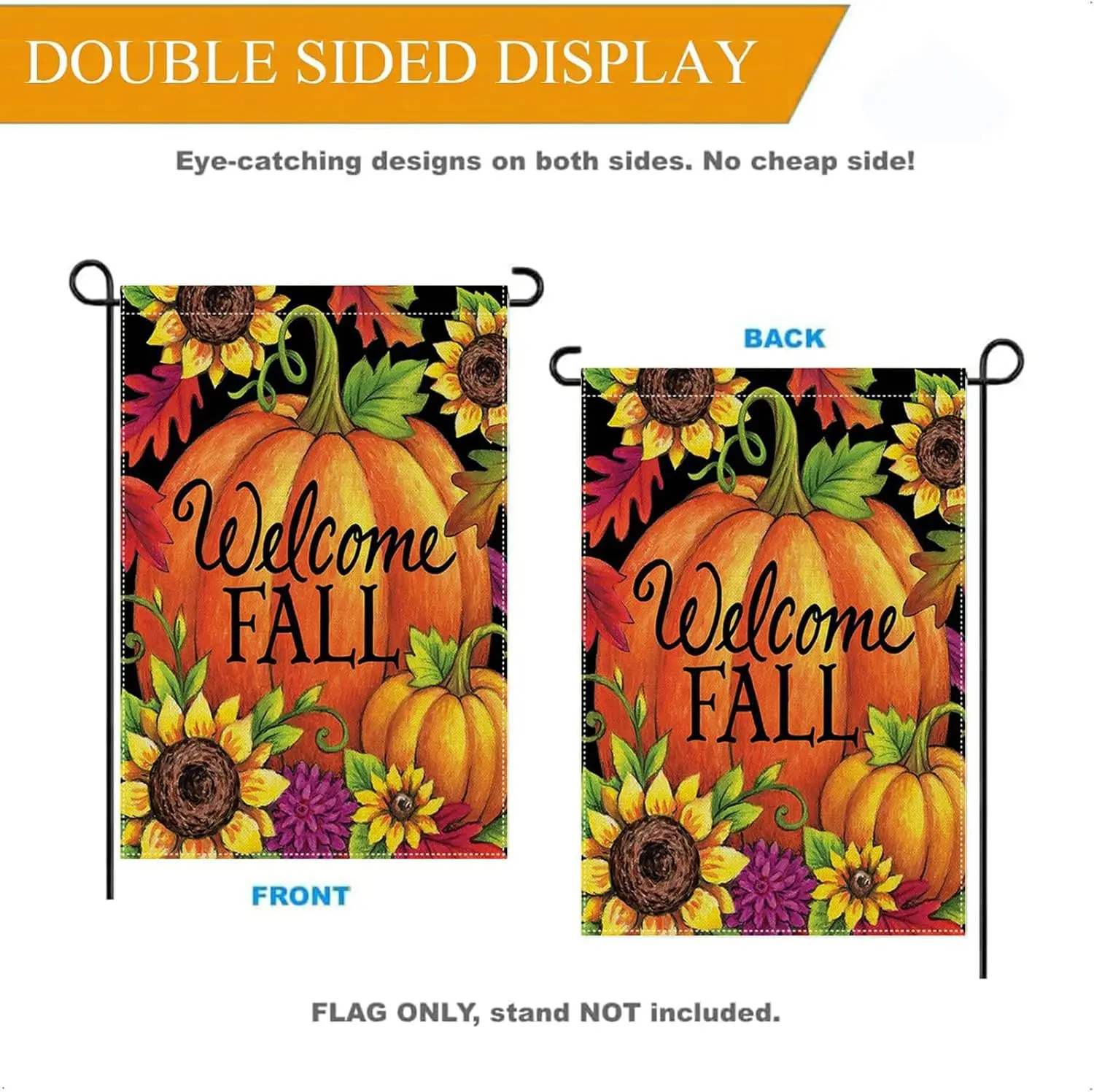 Welcome Fall Garden Flag 12x18 Inch Double Sided Burlap for Outside, Thanksgiving Autumn Pumpkin Sunflower Small Yard Flag f zzo