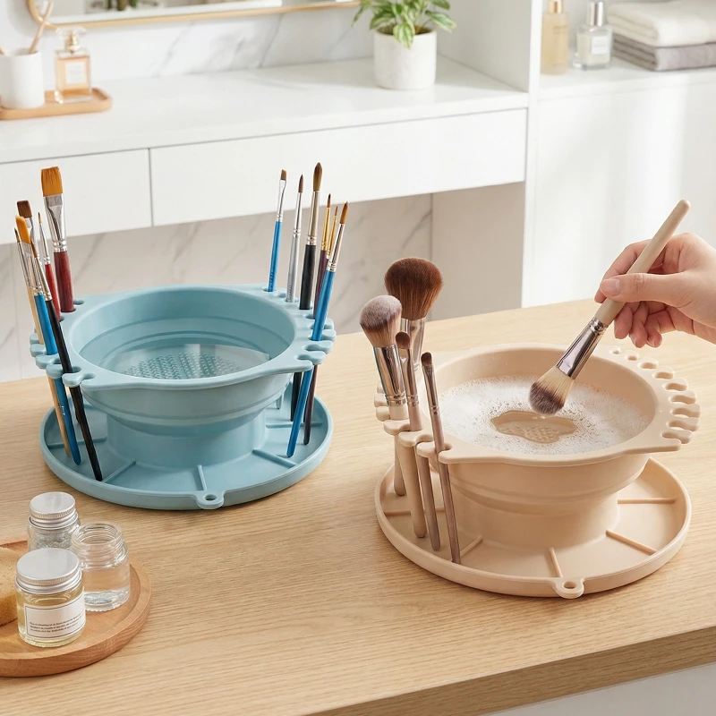 Pen Wash Holder with Palette Silicone Folding Three-in-one Multi-function Small Washing Bucket Makeup Brush Cleaning Dishes