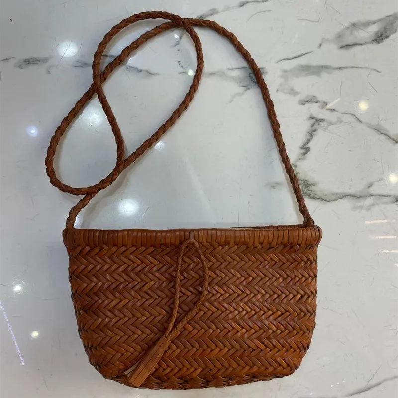 Vintage fringe Weave Genuine Leather Handbag Feminine Handmade Woven Bucket With Cotton Pockets Shopping Bags