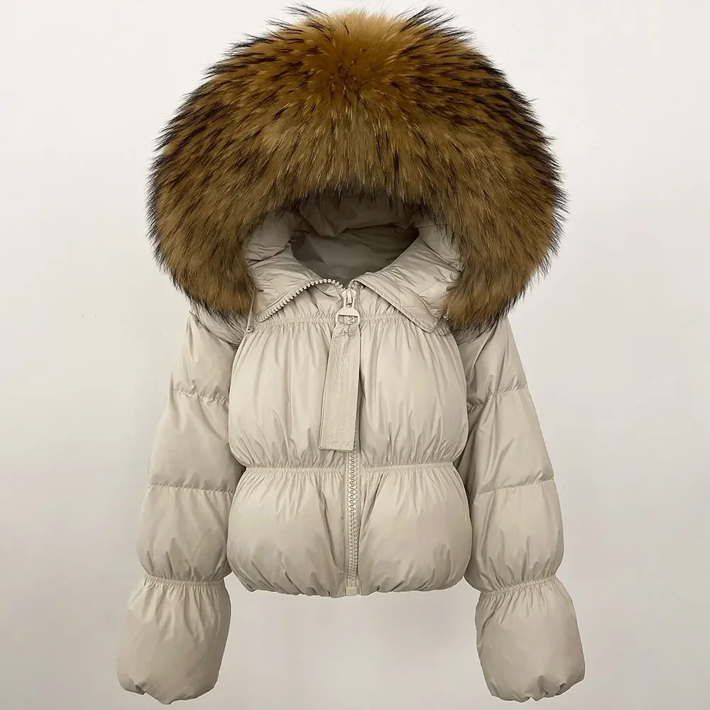 

OFTBUY Real Fur Coat Belt Down Jacket Hooded Women Real Raccoon Fur Collar Puffer Jacket Winter White Duck Down Thick Warm