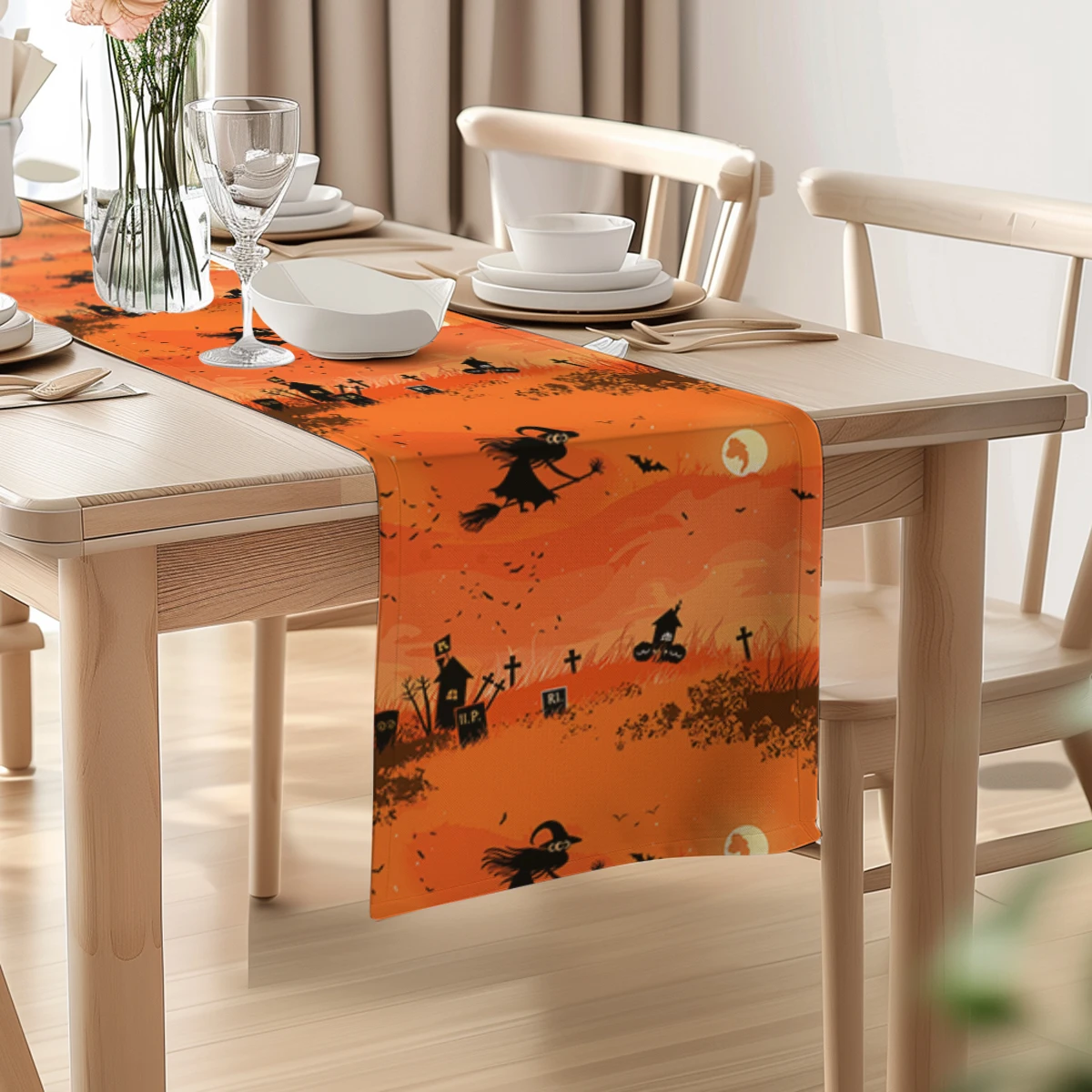 Halloween Witch Bat Table Runner Dining Table Cloth  Decor for Kitchen Holiday Party Table Runners Decoration for Home Kitchen