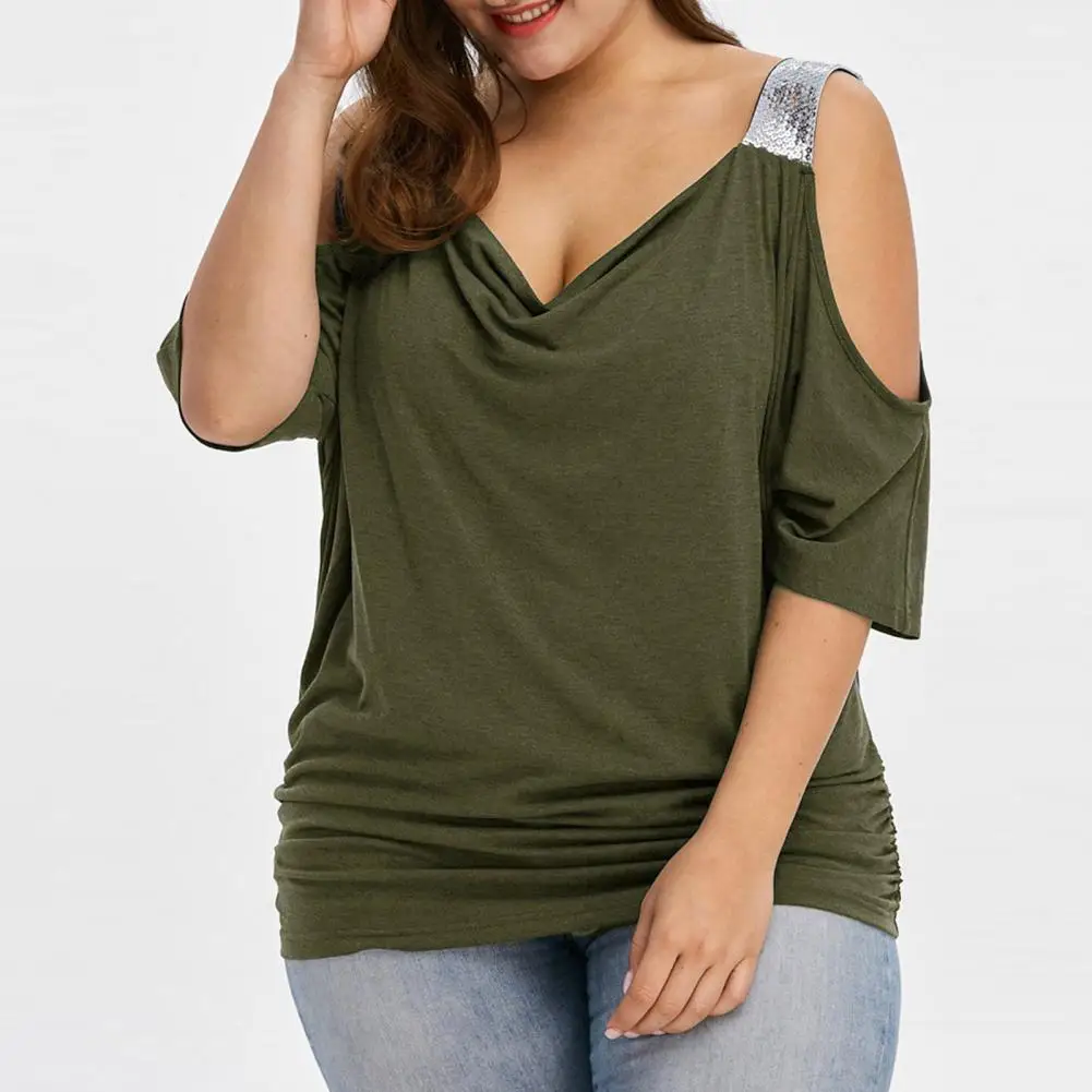 Plus Size Fashion Cold Shoulder T-Shirt Shirt V-Neck Top Tee Summer Casual Ladies Tops Female Women Short Sleeve Pullover