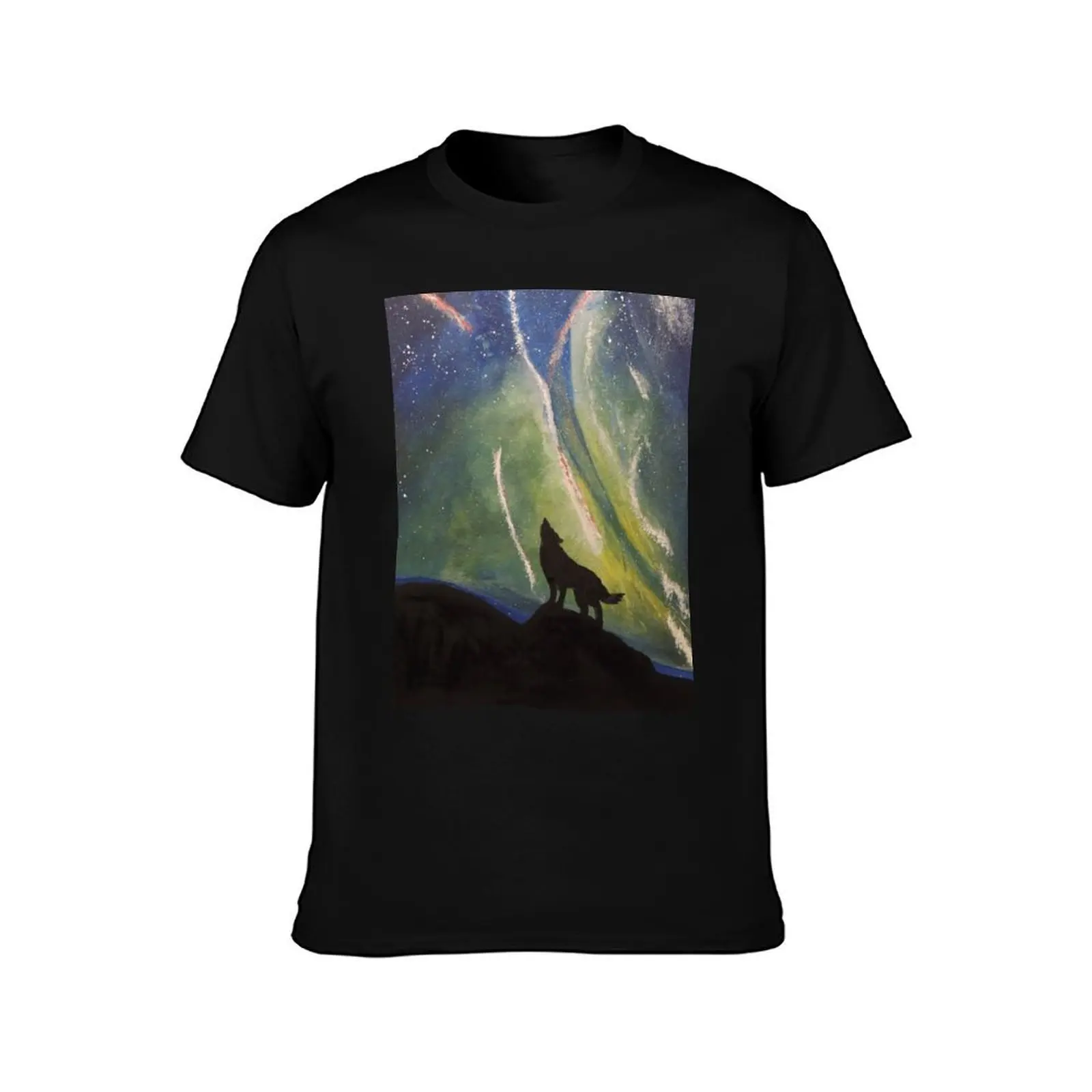 Wolf in the Aurora T-Shirt, Summer Casual Cotton Tee, Oversized Streetwear Tops, Vintage Graphic Print, Loose Fit Short Sleeve