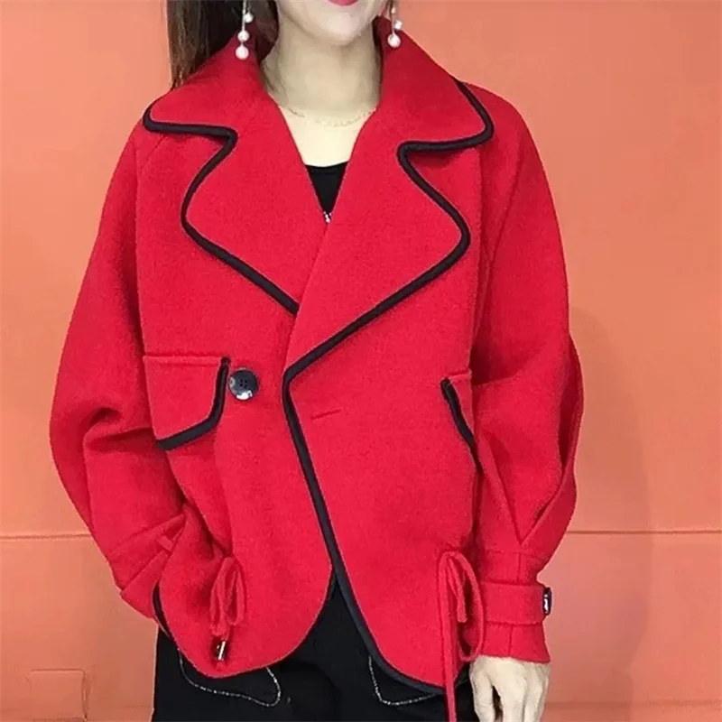 Fashion With Edging Short Suit Collar Double-Sided Velvet Jacket Women's Spring Autumn Drawstring Waist Versatile Cardigan Top
