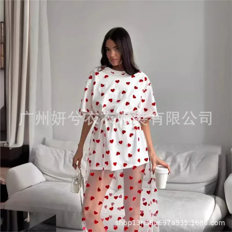 2025 Heart-shaped Print Dress Mesh Splicing Loose Short Sleeve T-shirt Cotton O-neck Fashion Chic New Summer Dresses for Women