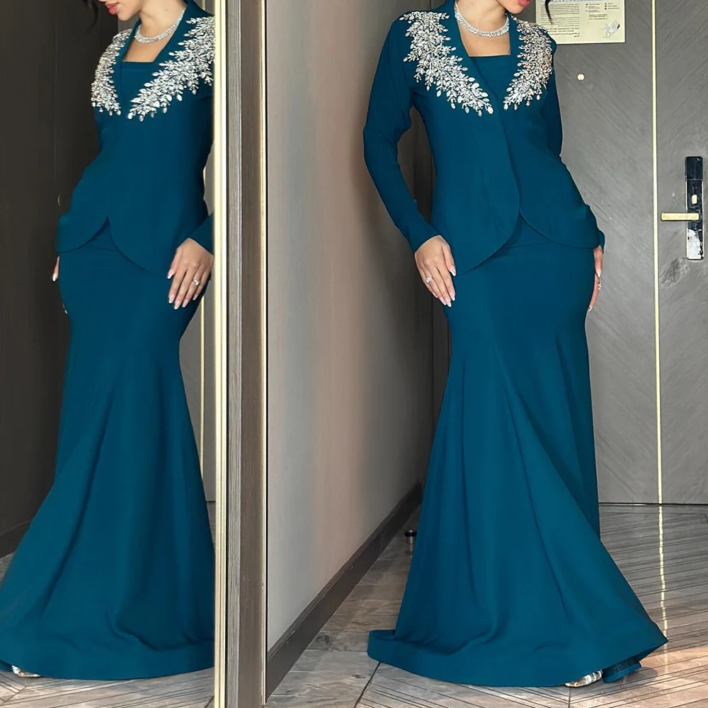 

Customized A-line Evening Dresses Floor-length Square Collar Full Sleeve Prom Gown Fashion Crystal Simple Draped Party Gown