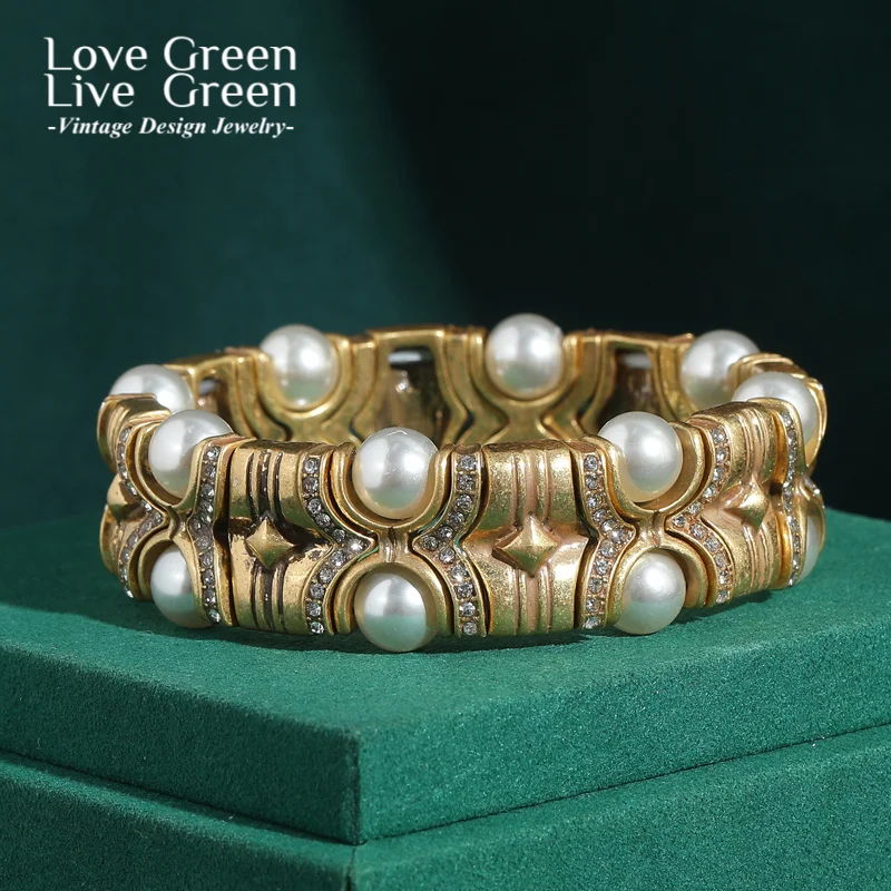 

Vintage Layered Wide Pearl Bracelets For Wedding Antique Gold Color Accessories Luxury Branded Egyptian Jewelry Summer 2025 New