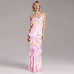 Elegant Printing Chic Camisole Long Dresses For Women V Neck Sleeveless Backless High Waist Spliced Ruffles Dress Female New