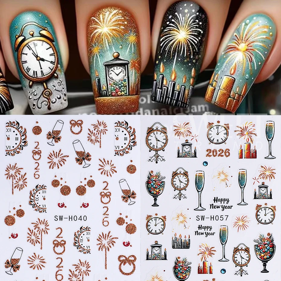 2/3pcs Glitter Christmas Nail Stickers Gold Fireworks Champagne 2026 Clock Design Bow New Year Nail Decals Manicure Decor Slider