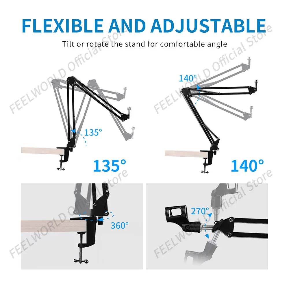 FEELWORLD AMS1 Adjustable Microphone Scissor Arm Stand Desktop Mic Clip Holder Tripod Live Cantilever BracketExtendable