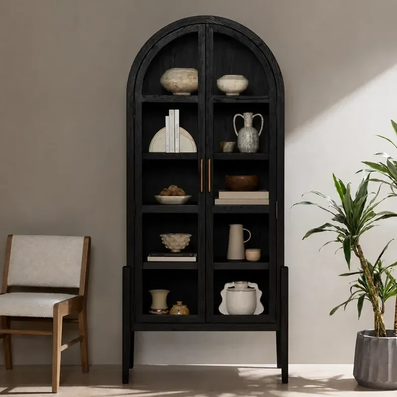 Custom American Solid Wood Bookcase Floor to Ceiling Bookshelf Retro Arched Decorative Cabinet Manufacturer Processing