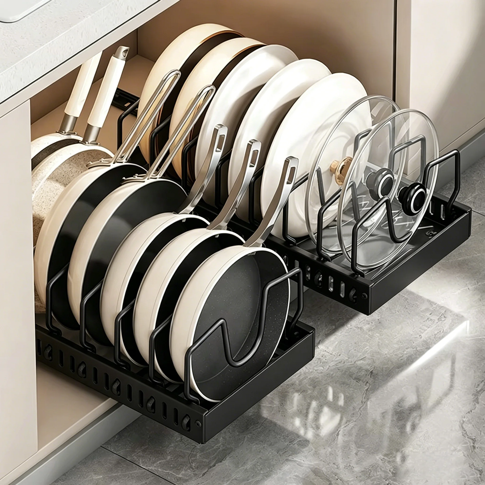 Under Cabinet Sliding Pots and Pans Organizer Pull Out Kitchen Storage Tray with 8 Adjustable Dividers for Lids and Cookware
