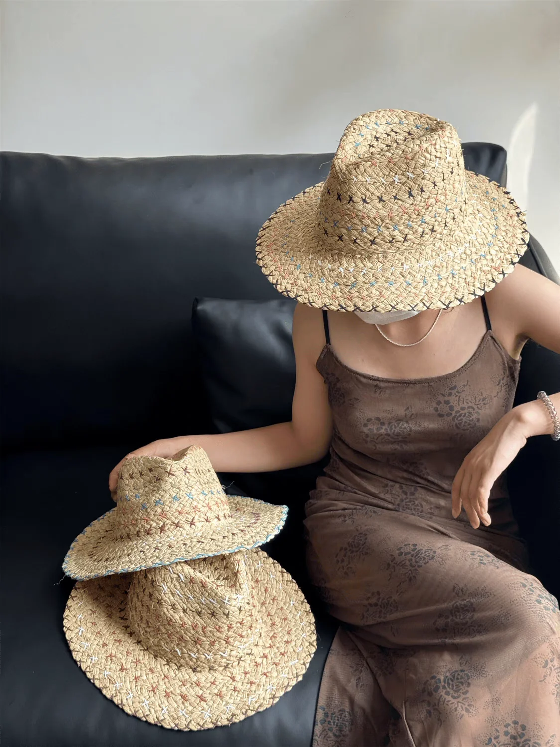 Raffia straw hat for women Bohemian colorful stitched straw hat ladies sun hat beach summer vacation panama hat панама כובע קש