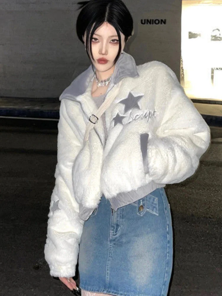 2024 Harajuku Vintage Cropped Jackets Women Autumn Winter Loose Zipper Fluffy Coat Y2k Aesthetic Star Embroidery Faux Fur Jacket