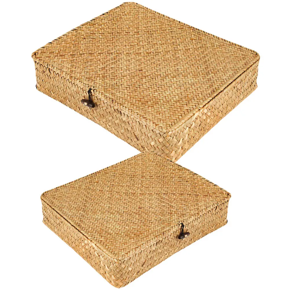 

2Pcs Natural Seagrass Woven Basket with Lid Heavy Duty Iron Reinforced Sturdy Storage Bin for Snacks Fruits Sundries Candies