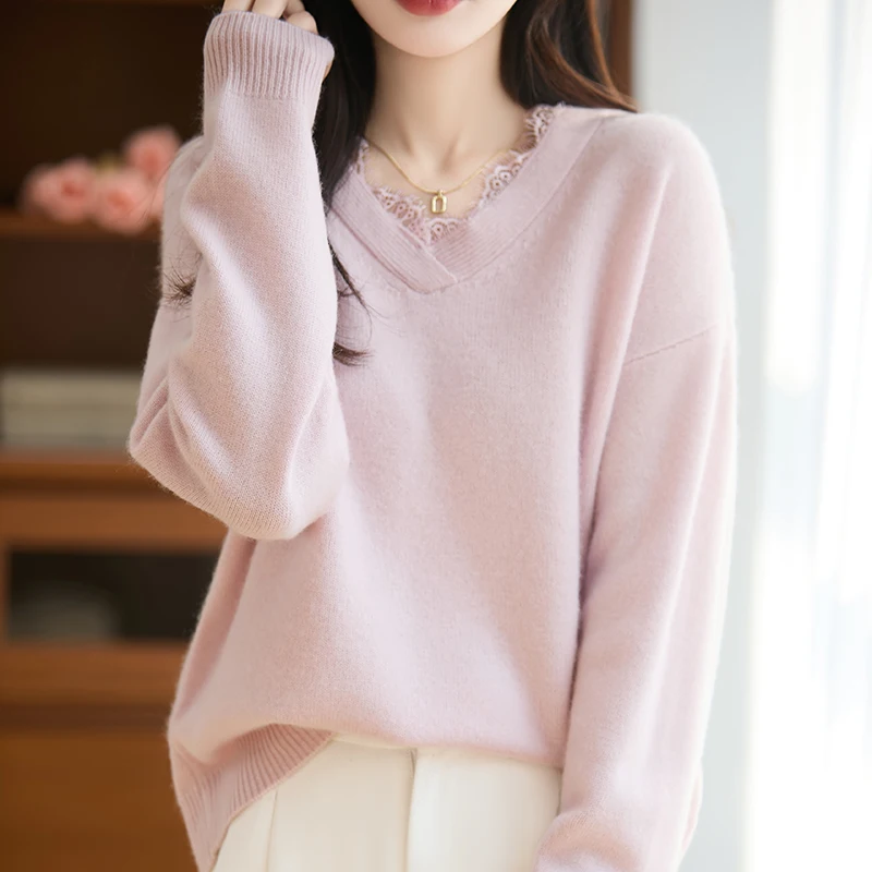 

New 100% Merino wool women's V-neck pullover sweater solid color knitted casual loose autumn and winter long sleeved women's top