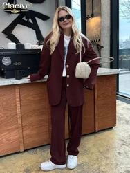 Clacive Fashion Loose Wine Red Office 2 Piece Sets Women Outfit 2025 Winter Long Sleeve Blazer With High Waist Pants Set Female