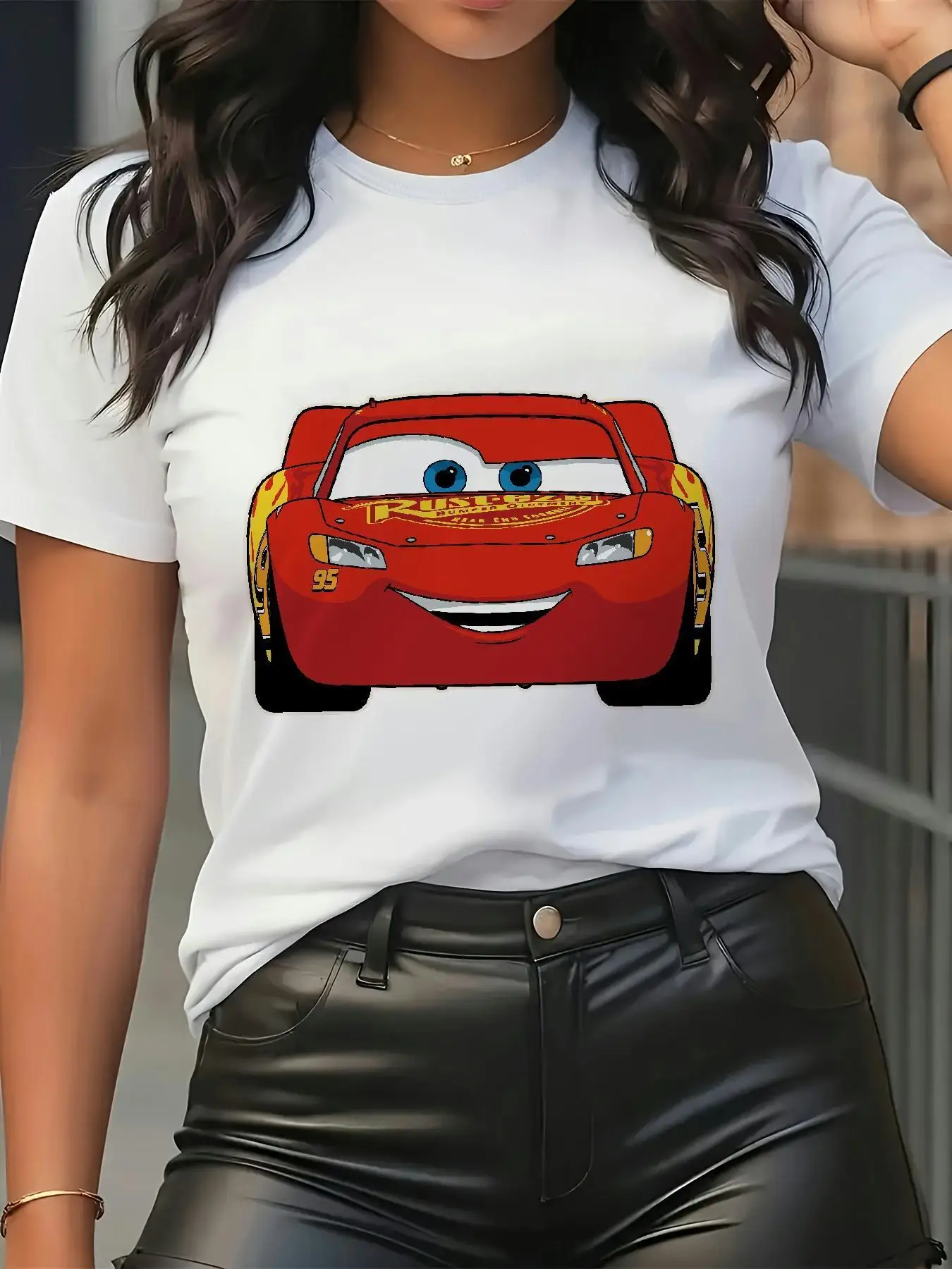 

2025 Disney Pattern Printed Women's Casual Comfortable Unique Smiling Face Black Round Neck Short Sleeve T-shirt