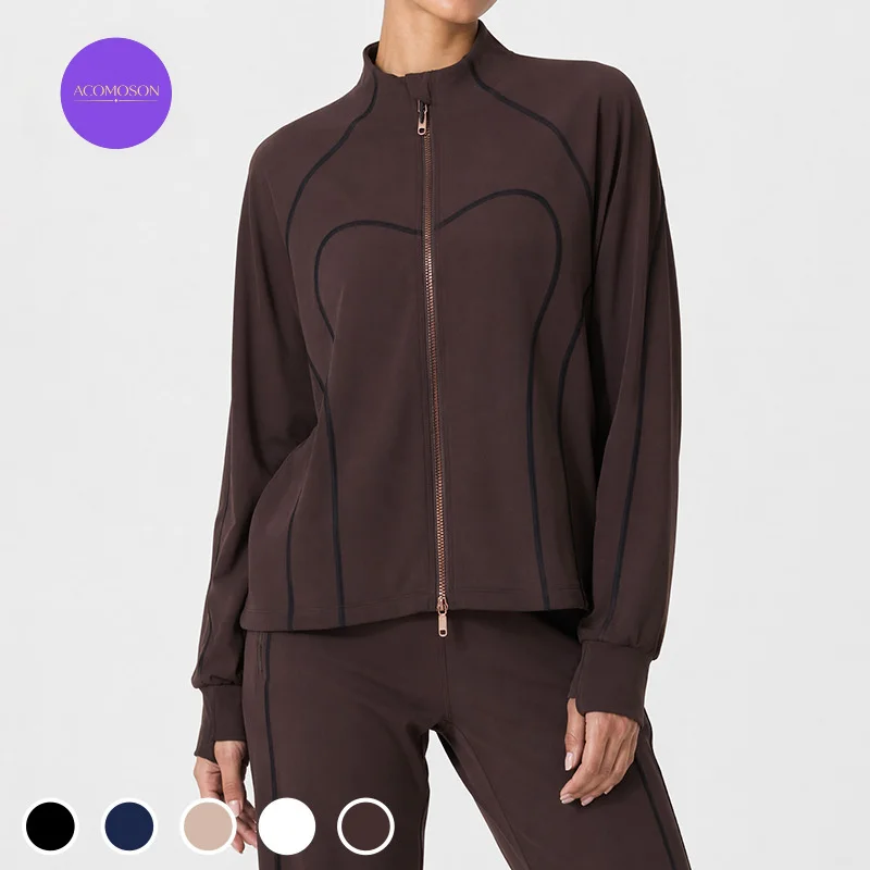 ACOMOSON EU US Size High Quality Yoga Jacket For Autumn Winter Stand-Up Collar Double Zipper Quick-Dry Athleisure Jacket