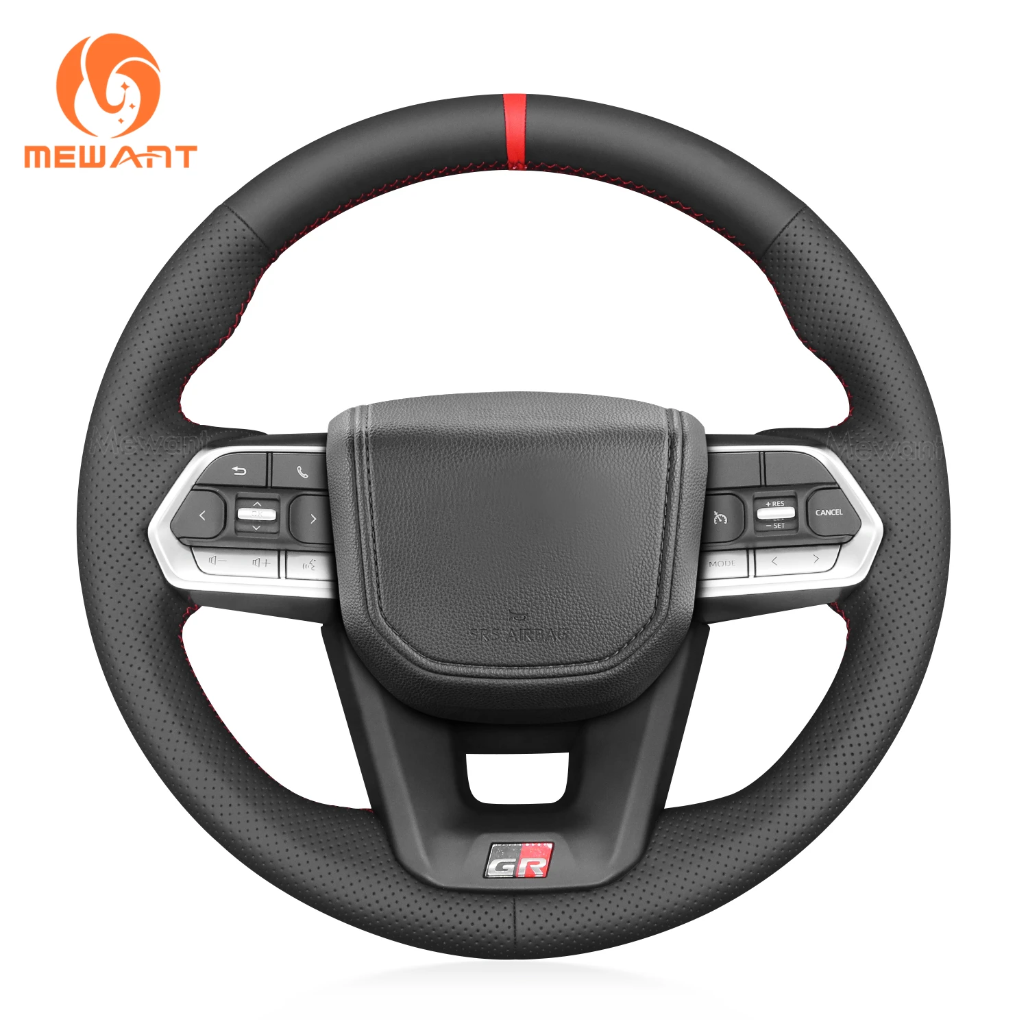 MEWANT Black Genuine Leather Car Steering Wheel Cover for Toyota Land Cruiser 300 GR Sport 2022-2024