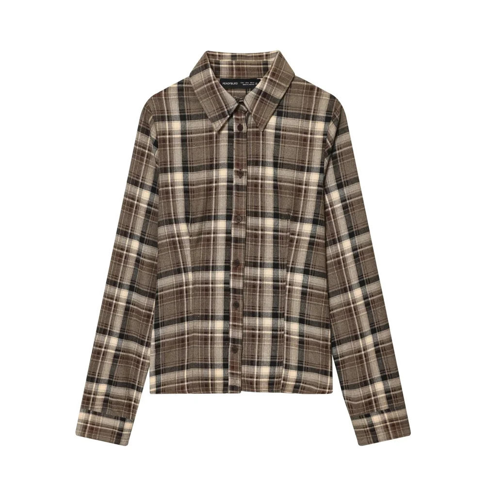 Winter new fashionable and stylish casual slim fit plaid long sleeved shirt for women, cinched waist to show off weight