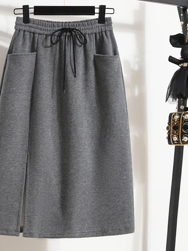 Knitted Mid-Length Skirt Women's Fashion Autumn Winter Wool Yarn Slit Straight Cut Large Size Skirt One Step Long Skirt