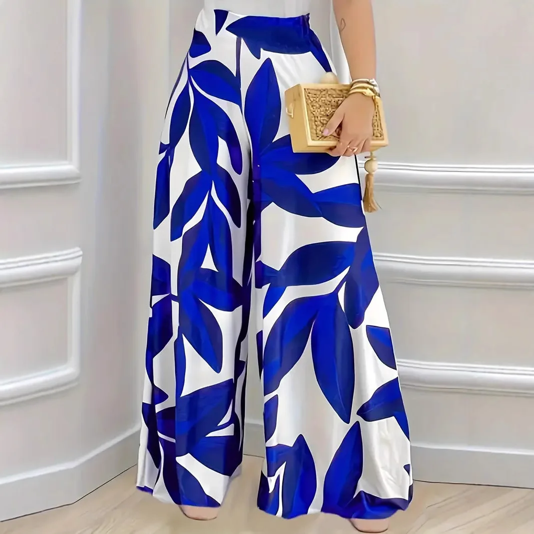 Boho Women's Pants Fashion Elegant Loose Wide-leg White And Blue Leaf Print Trousers Comfortable Casual Long Pant Women Clothing