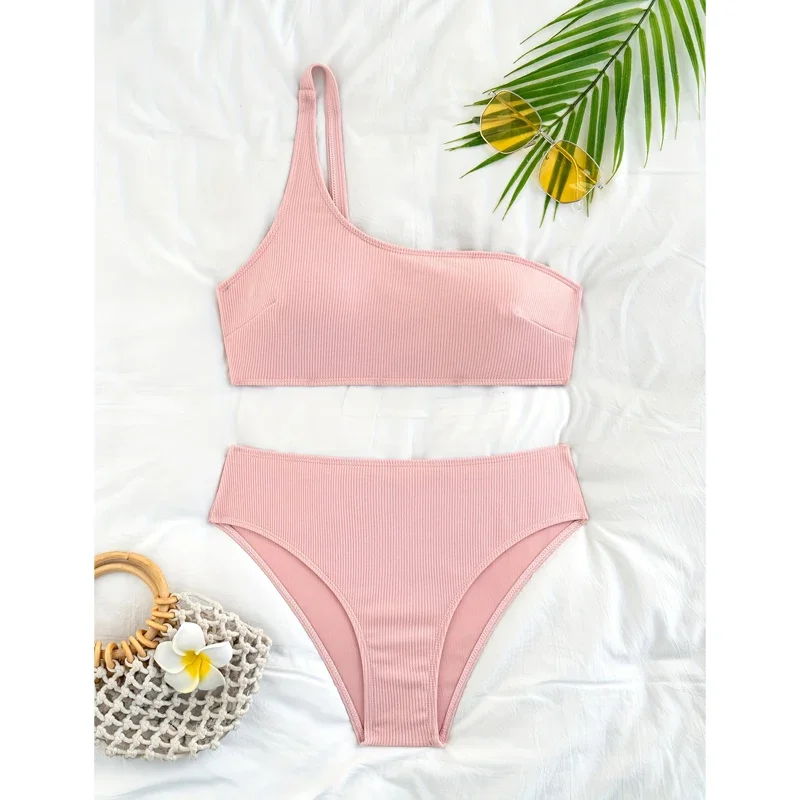 Bikinis acanalados de cintura alta, traje de baño Push Up para mujer, conjunto de Bikini de un hombro, traje de baño de dos piezas, trajes de baño rosas, ropa de playa para mujer