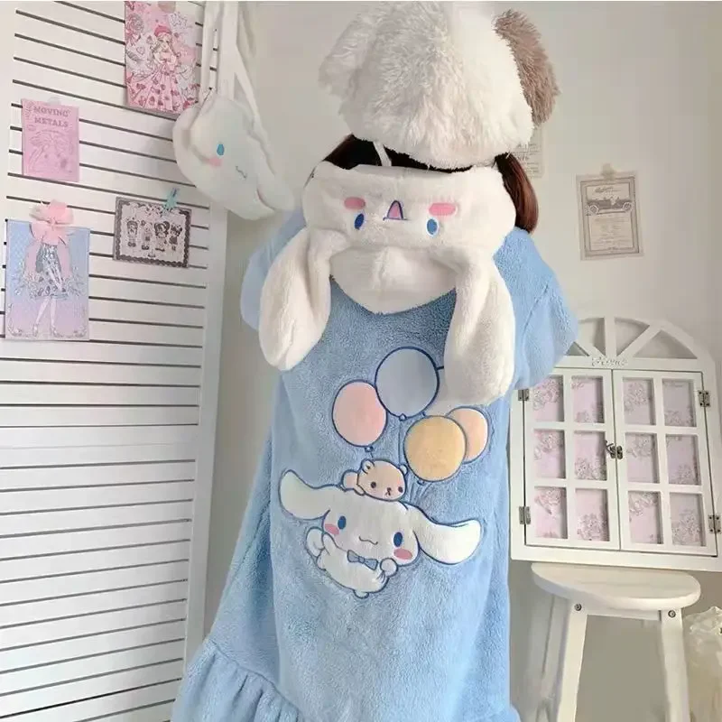 Kawaii Cute Sanrio Cinnamoroll Hooded Nightgown Sets Winter Plush Anime Cartoon Women Pajamas Loose Leisure Warm Home Wear