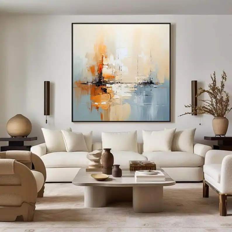 Pintura al óleo abstracta original pintada a mano en azul y beige, sin marco, cuadrada, moderna, elegante, para decoración de sala de estar, regalos