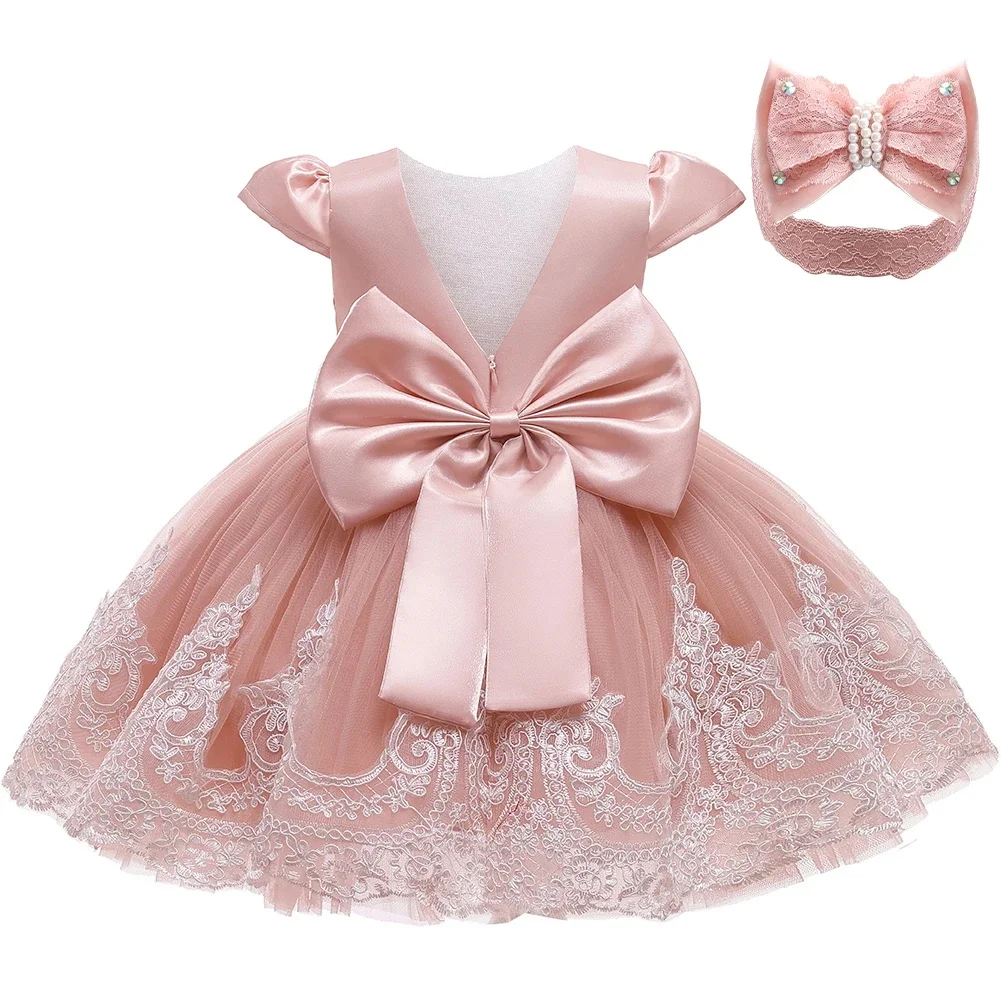 Kleinkind Baby Stickerei Kleid Elegantes Mädchen Kleid Satin Große Schleife Tüll Kleid V Zurück Prom Hochzeit Geburtstag Party Formale Taufe Kleid – Detail 8