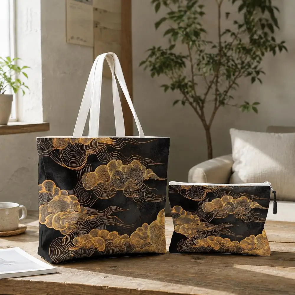 Chinese Auspicious Clouds Storage Bags 2-Piece Set Double-Sided Printed Canvas Tote Bags with Zipper Shopping Shoulder Handbags