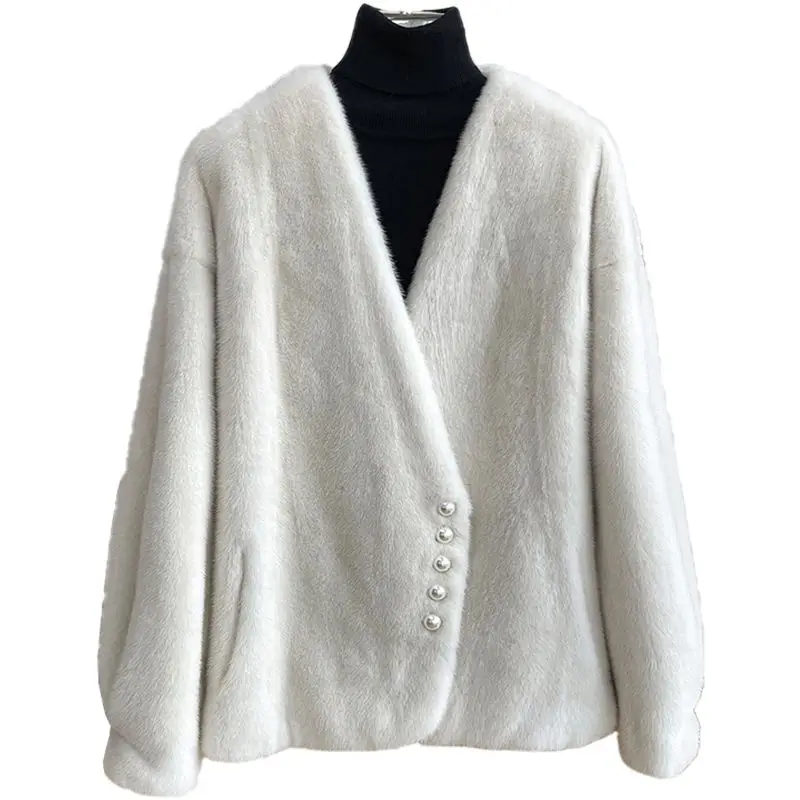 Imitazione visone peloso con scollo a v giacche di pelliccia donna elegante cappotto corto in pelliccia sintetica donna Casual sciolto 2024 nuovo capispalla autunno inverno