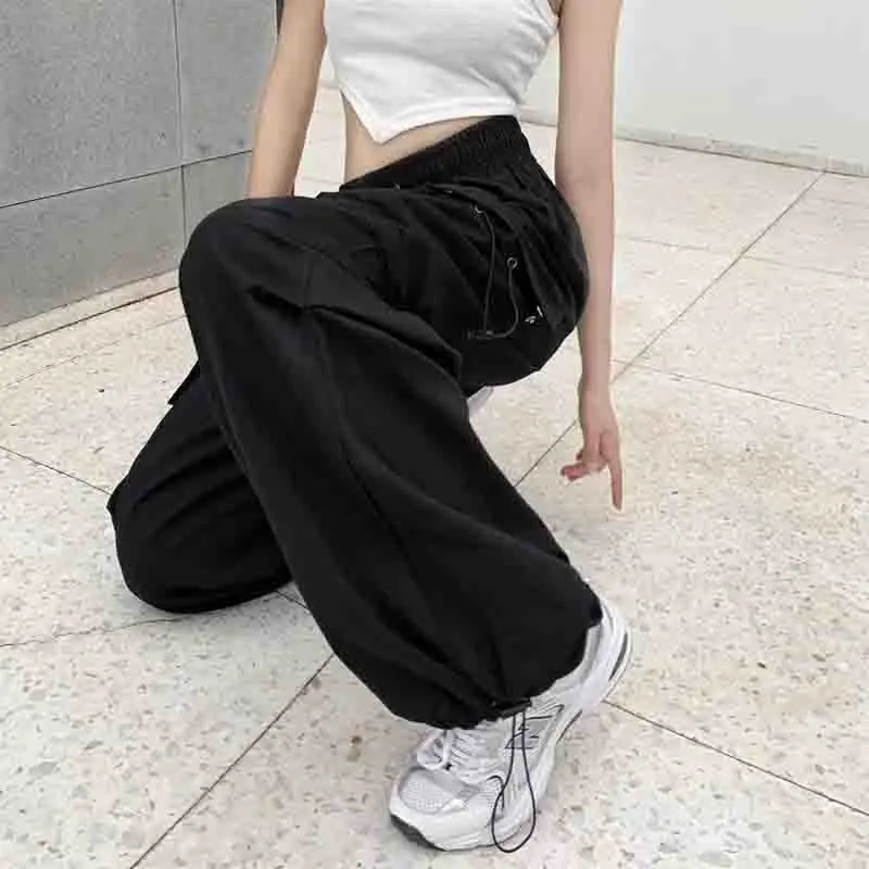 2024 Moda Luźne Spodnie Cargo Kobiety Dorywczo Czarne Proste Spodnie Vintage Szerokie Nogawki Kieszenie Y2k Streetwear Lady Pant 28958