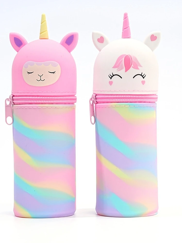 Porte-stylo rétractable en Silicone, Animal mignon, grande capacité, pour étudiant, trousse à crayons à fermeture éclair, papeterie, cosmétiques, rangement de rouge à lèvres